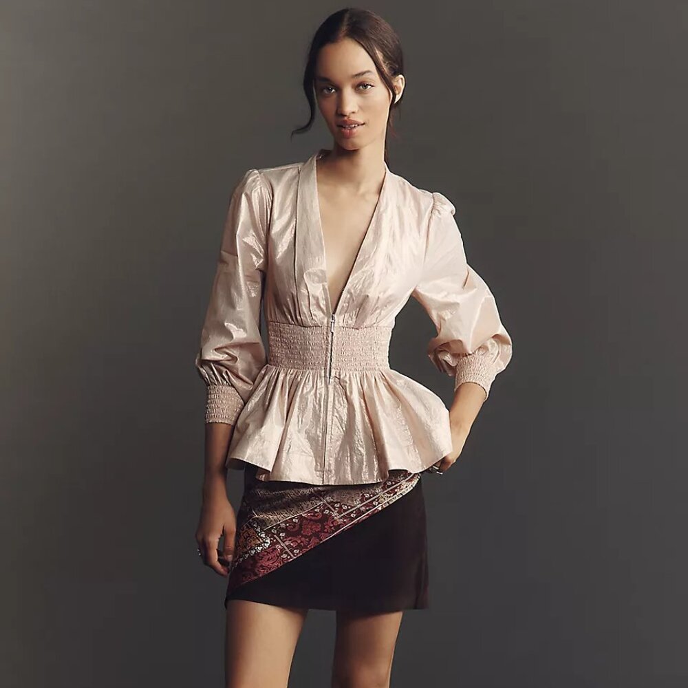 The Tommie Long-Sleeve Shine Smocked Front-Zip Blouse Maeve for Anthropologie - Picture 2 of 12